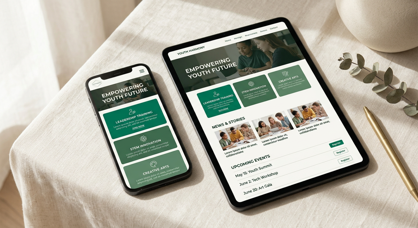Illustrative mockup of a youth organisation website on phone and tablet