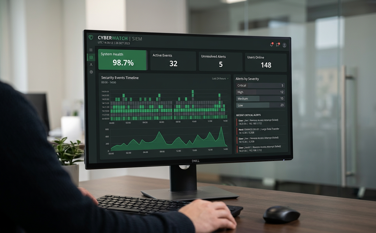 Illustrative mockup of a security operations dashboard with alert queues and response workflows